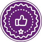 Icon of a badge with a thumbs-up and a star, symbolizing satisfaction guaranteed.