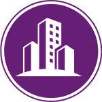 Icon of common area maintenance showing a cluster of buildings in white on a purple background.