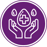 Surface disinfection icon showing hands holding a droplet with a cross symbol, surrounded by water drops in purple.