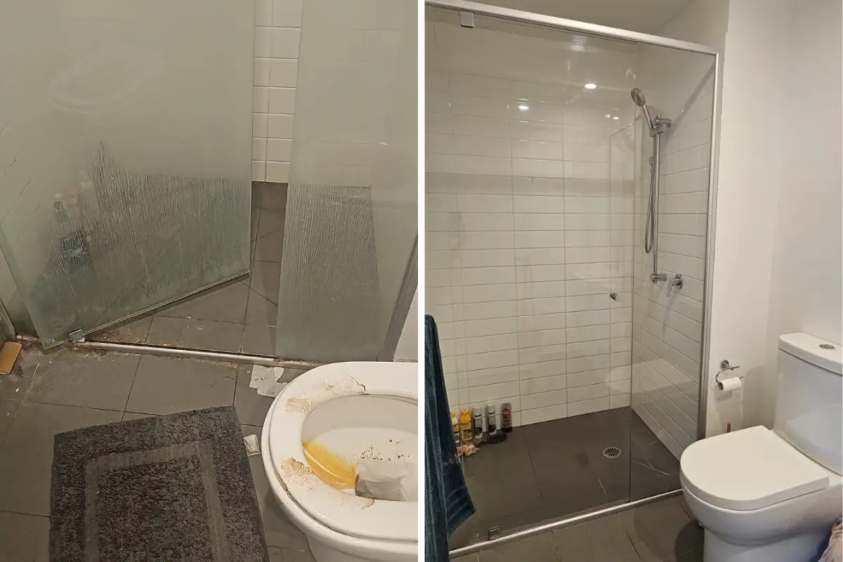 Before and after shower glass cleaning in a Brisbane bond clean