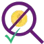 No hidden costs icon – coin with tick and magnifier