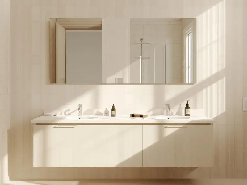 Modern bathroom with vanity, mirror, and shower area