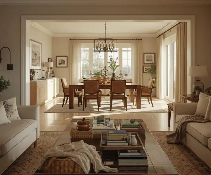 Warm family living and dining space presented with care