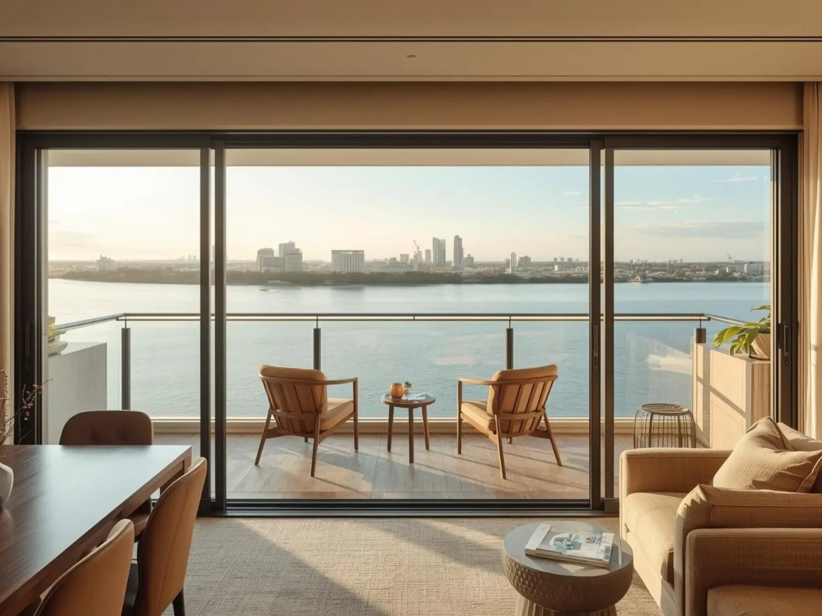 riverside apartment balcony with city view