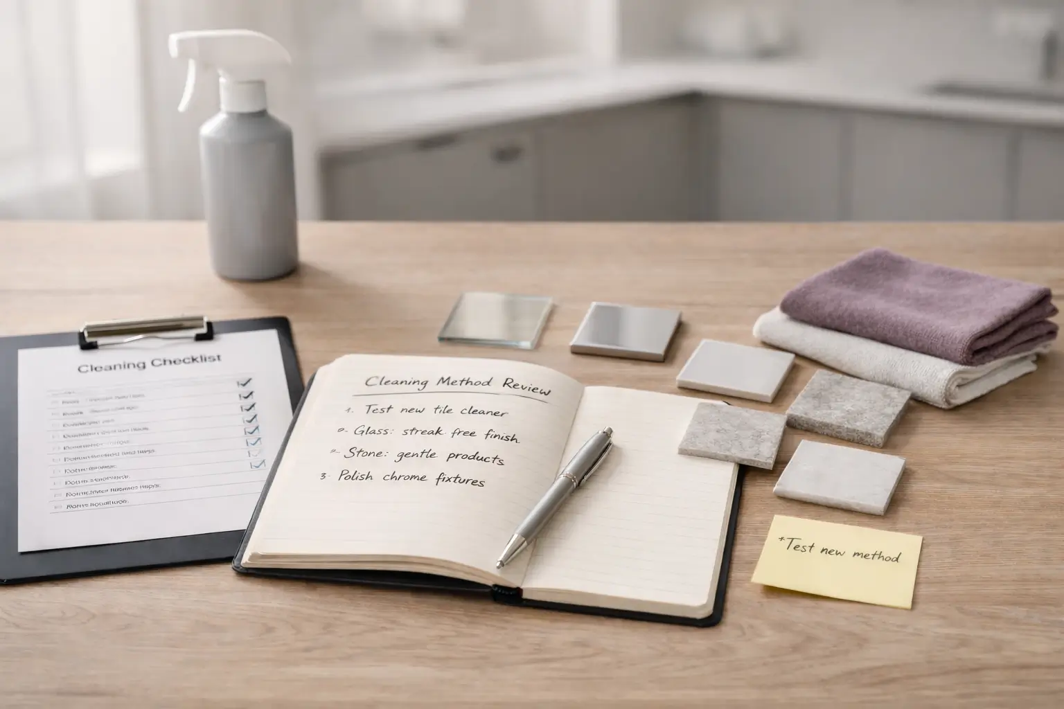 Product bottles, surface samples and handwritten notes on a work table