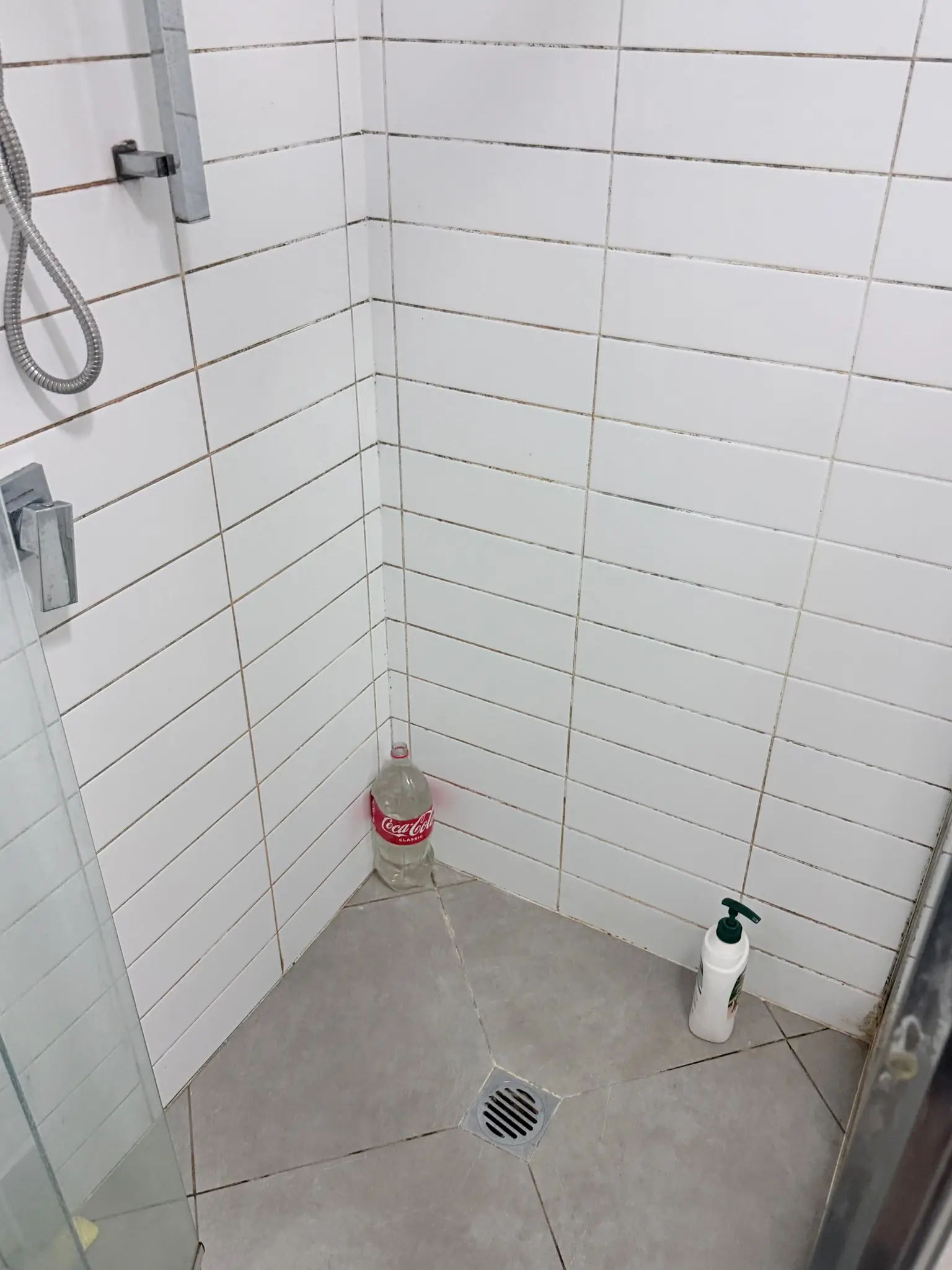 Shower grout and tiles before cleaning: mould stains in grout lines