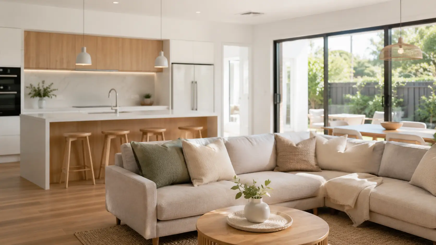 Bright, freshly cleaned open-plan living and kitchen in a Brisbane home