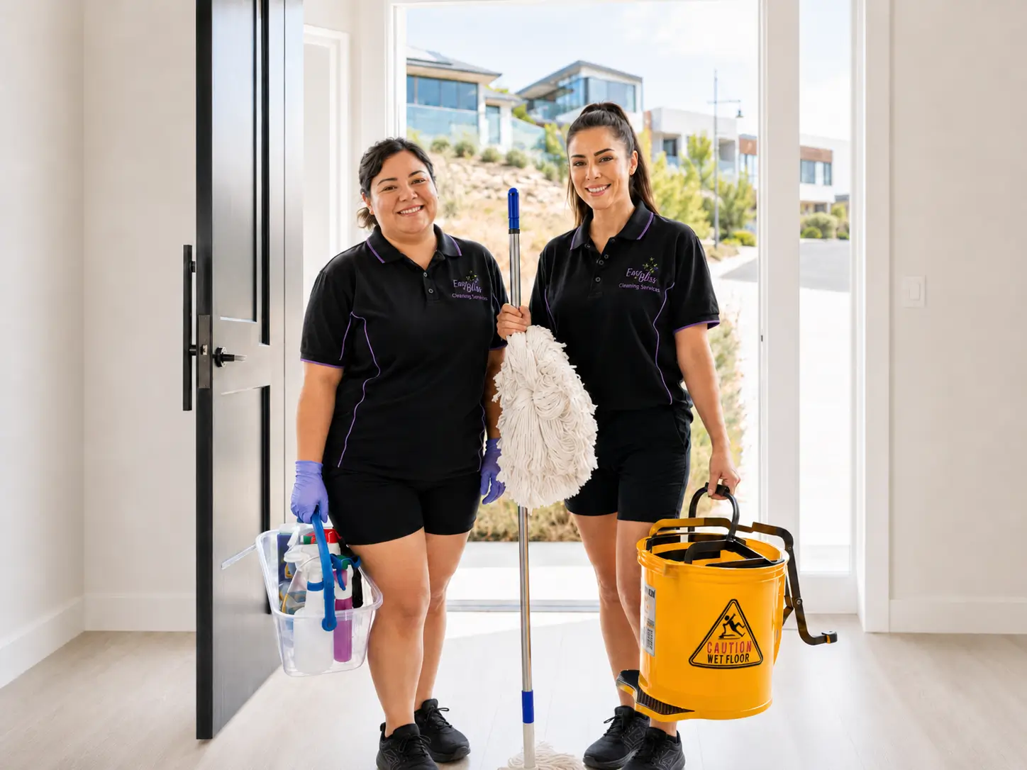 Two-person cleaning team arriving at a Brisbane home with equipment and supplies