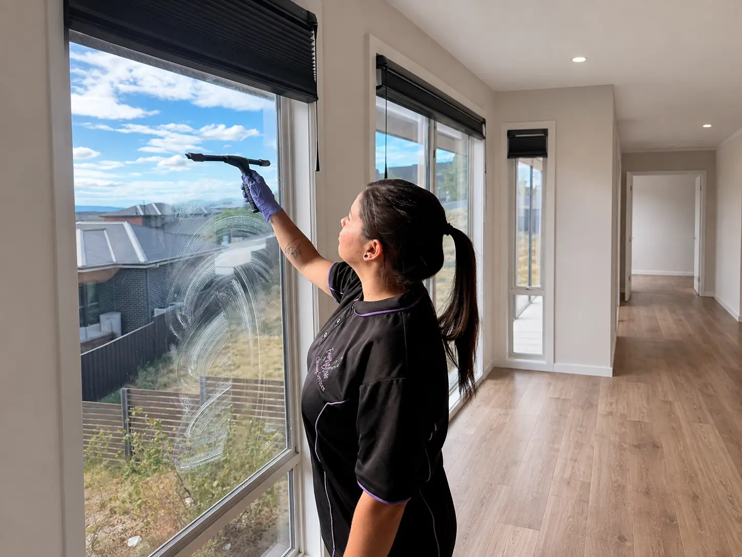 Internal window being cleaned in an empty Brisbane home before move-in